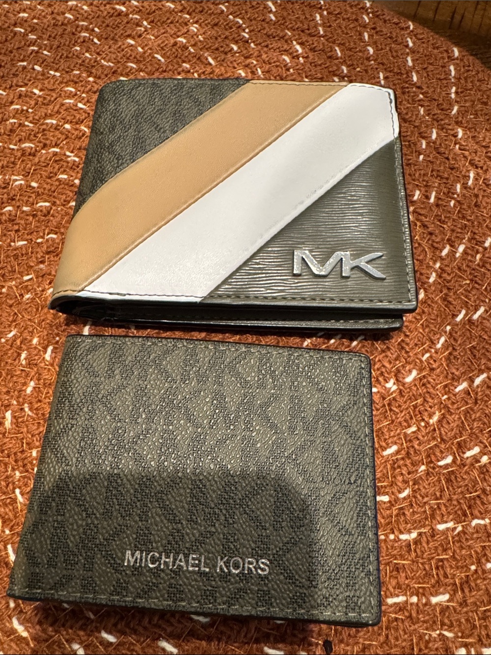 Michael Kors Black, White & Tan Men's Bifold Wallet with Diagonal Stripes